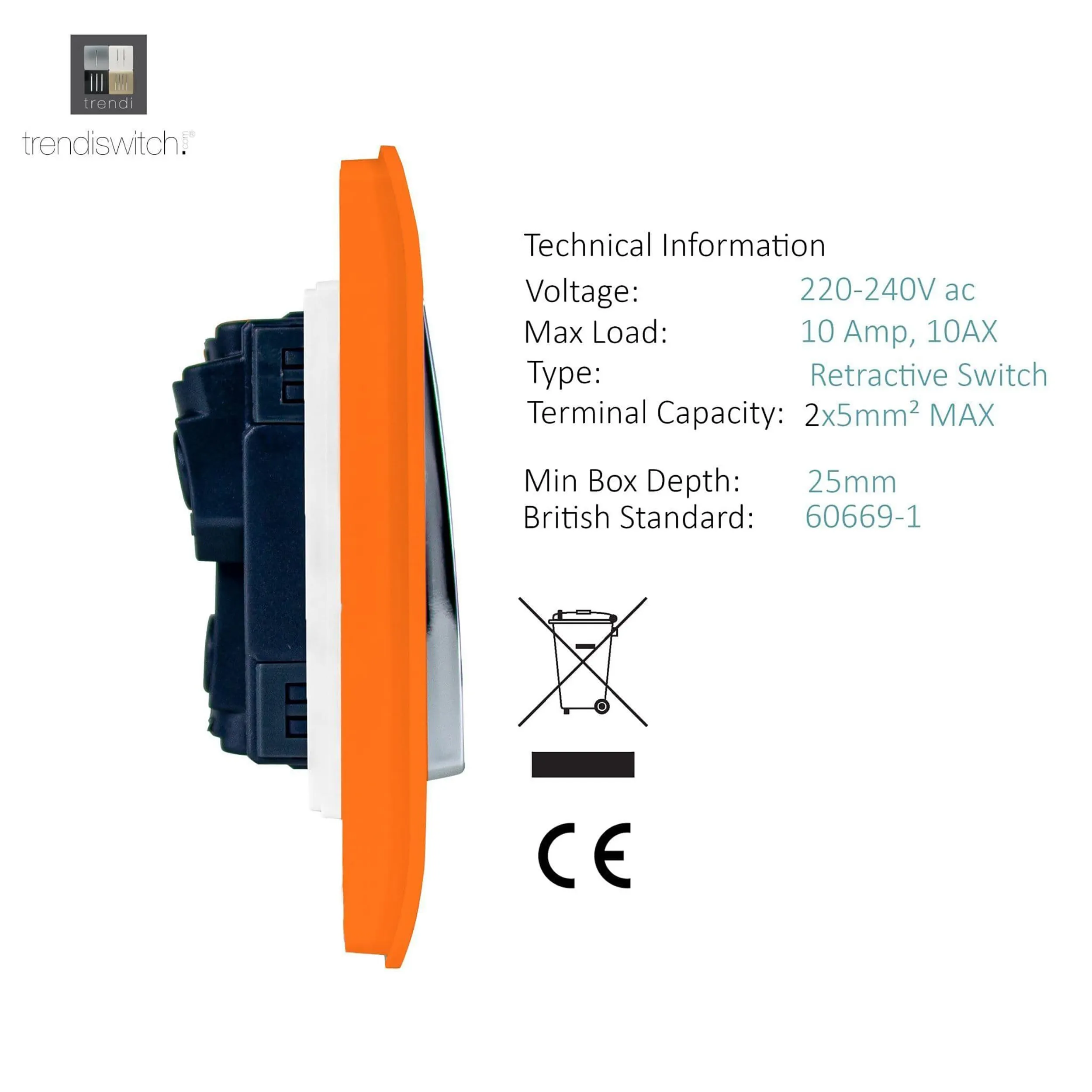 2 Gang Retractive Home Auto.Switch Orange ART-SSR2OR  Trendi Orange